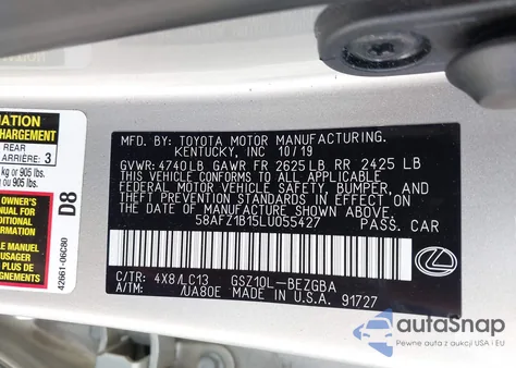 2020 Lexus Es 350 Ultra Luxury z USA, uszkodzony, nr VIN 58AFZ1B15LU055427